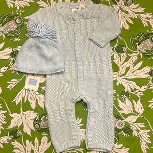 Janie and Jack Layette Baby Blue Cable Knit Sweater One Piece and hat NWT